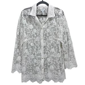 Vintage 1990s Avenue Sheer Lace Top Button-Up Collared Blouse Size 14/16